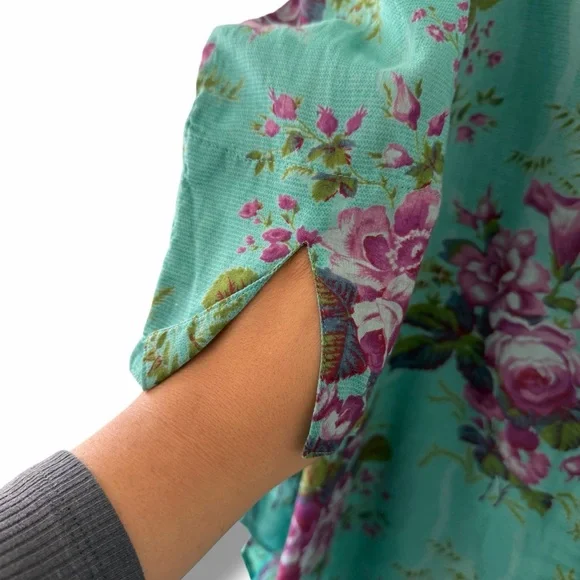 April Cornell Teal Cottage Rose Floral Print Button Down Tunic Top Boho Medium - Picture 5 of 13